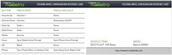 Each steering wheel button can control up to two radio features. PRINT YOUR QUICK REFERENCE CARD You can print a quick reference card showing your configuration on the Maestro website.
