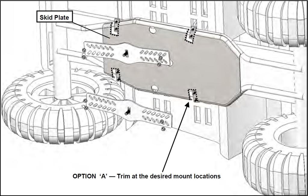 OPTIONAL INSTALLATION NOTES (From Step 3 - Page 7): Please read and understand all instructions before modifying your skid plate. DO NOT install the All Mount directly over skid plates.