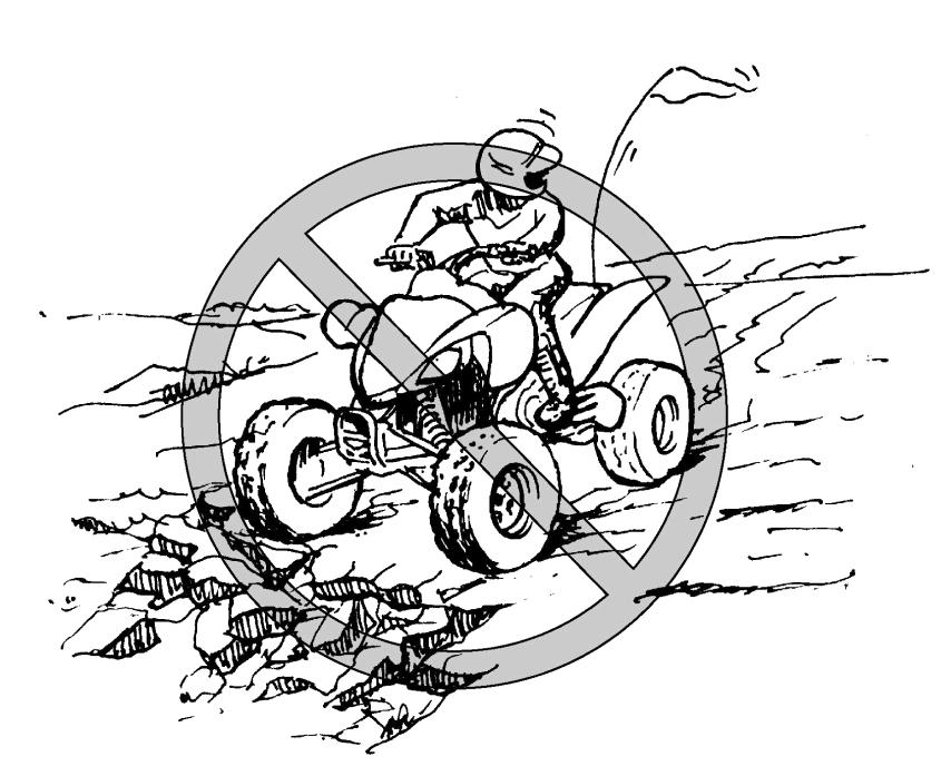 Know the terrain where you ride. Ride cautiously in unfamiliar areas. Stay alert for holes, rocks, or roots in the terrain, and other hidden hazards which may cause the ATV to upset.