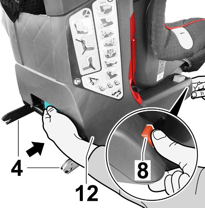 Press the grey locking buttons (5) on the left and right sides of the seat lower section (12). The locking arms (4) disengage. 3.