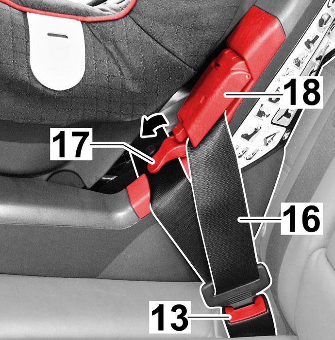 8. Swivel down the clamping lever (17) of the dark red belt clamp (18) on the side of the vehicle buckle
