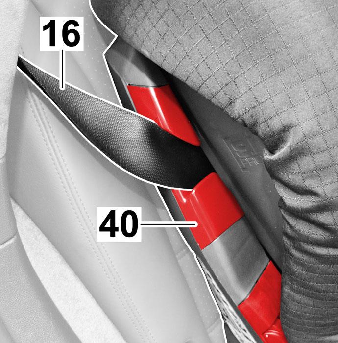 Place the diagonal belt (16) into the dark red belt guide (40) on the other side.