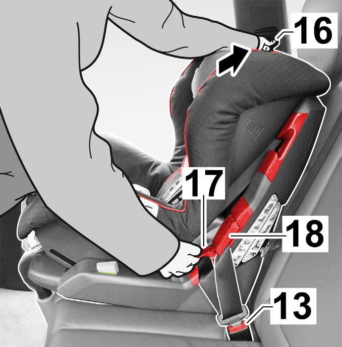 Use your knee to press the Porsche Junior Seat ISOFIX child seat into the vehicle seat and forcefully pull