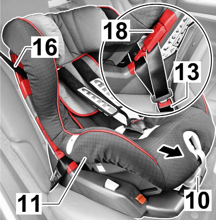 1. Push the adjusting handle (10) up and pull the seat shell (11) forward to the idle position. 2. Open the vehicle buckle (13). 3.