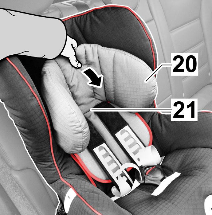 Adapting the Headrest A correctly adapted headrest (20) provides ideal support for your child in the Porsche Junior Seat ISOFIX child seat.