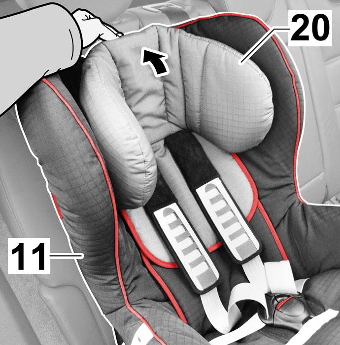 Loosen the belts as much as possible (refer to section Buckling in your Child, step 1). 2. Tilt the headrest (20) forward.