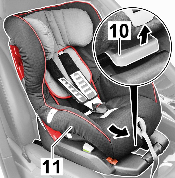 Dd GB Idle Position of the Child Seat 1. Push the adjusting handle (10) up and pull the seat shell forward to the desired position.