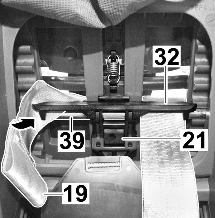 f Do not use any sharp or pointed objects when threading in the belts. f Damaged belt straps must be replaced. 7.