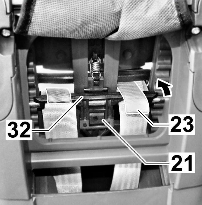Tilt the headrest forward and push the belt loops of the shoulder pads (23) onto the bridge (32) of the headrest adjuster (21). 12.Fit the seat cover.