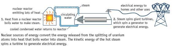 Steam produced from water heated by a nuclear reaction spins a turbine to produce electrical energy.
