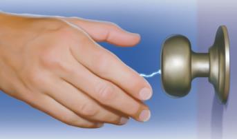 The charge you have built up on your body can easily be discharged (released) into objects such as a metal doorknob.