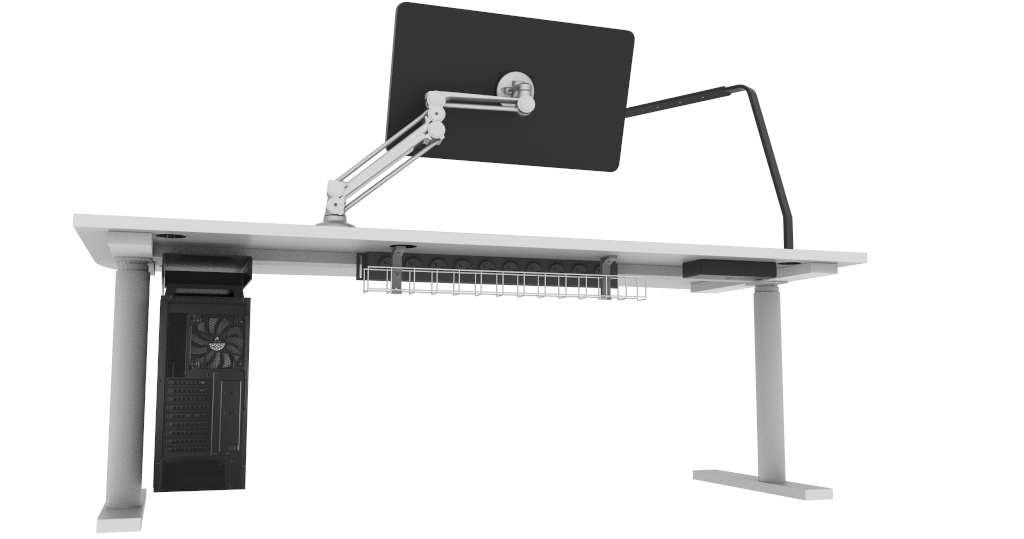 ALPHA SIT-TO-STAND DESK OPTIMISATION task light with dimming functions articulated display arm wire grid for