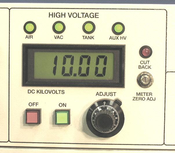 HIGH VOLTAGE The High Voltage Interlock Indicator Lights, from left to right, are: AIR: Temperature inside HV Module VAC: Vacuum TANK: Tank High Voltage Access AUX HV: Auxiliary External Interlocks