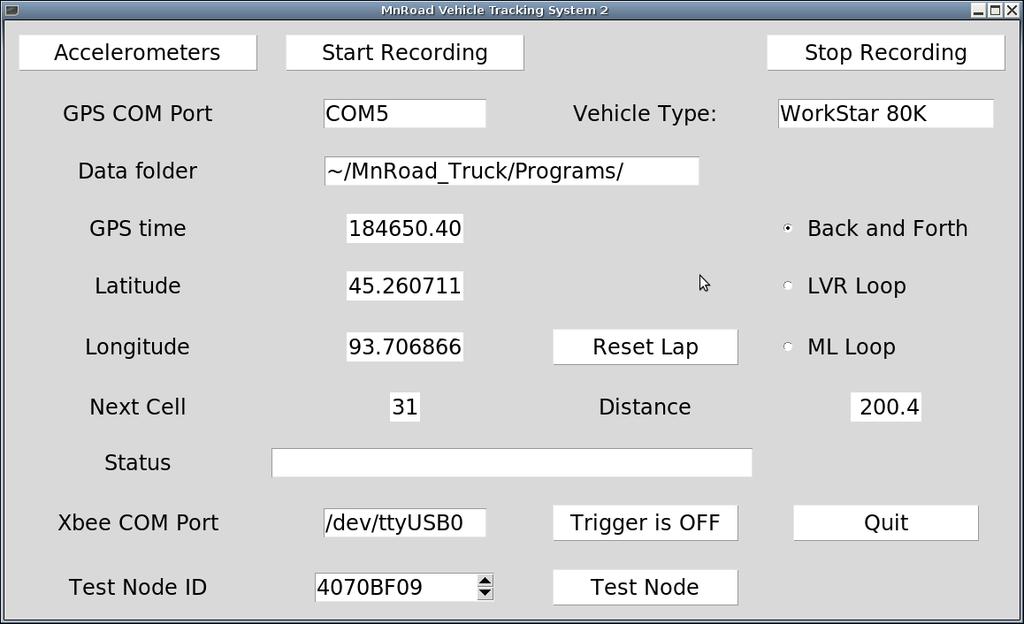 Figure 3.1: Screen shot of vehicle tracking system 2. Node Test The bottom row of the VTS screen provides a quick way to test the cabinet triggering system.