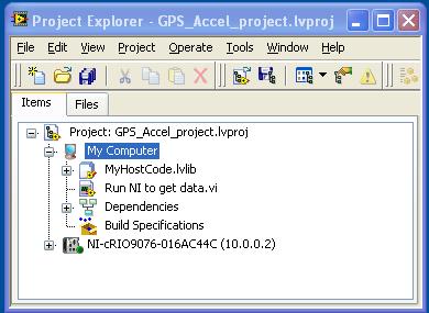 Accel_project.lvproj can be found at C:\VTS\NI Program\Accelerometer, C:\VTS, or on the desktop. To run the GPS/Accelerometer program, open the project, GPS_Accel_project.