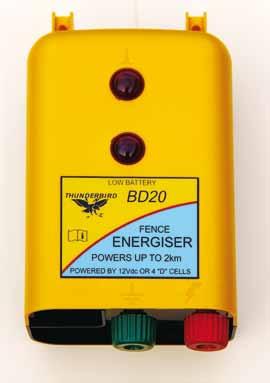 Battery Fence Energisers Strip Grazer BD20 Powers up to 2 km. Operates from 4 x D cell batteries or an external 12 volt battery 2 YEAR WARRANTY Designed for short runs of electric fencing.