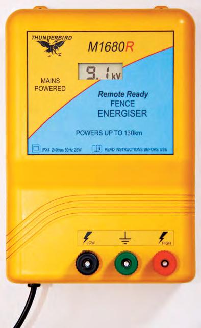Large Mains Fence Energisers Remote Ready Remote control (optional) turns energiser on or off from the fence line. Digital Voltage Display Displays voltage level being delivered to the fence line.
