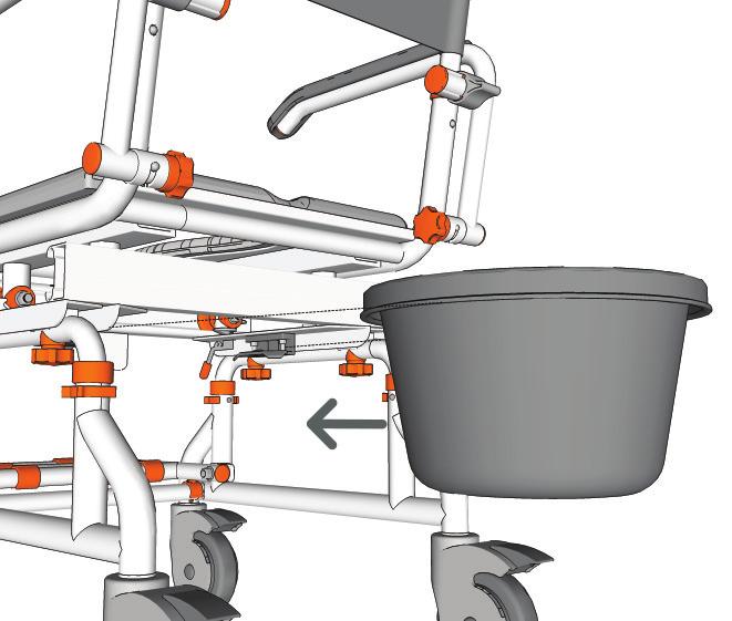 step 9 Rotate the chair so that you have easy access to the underside of the seat base. From the back of the chair slide the commode bucket into the 2 brackets on the underside of the seat base.
