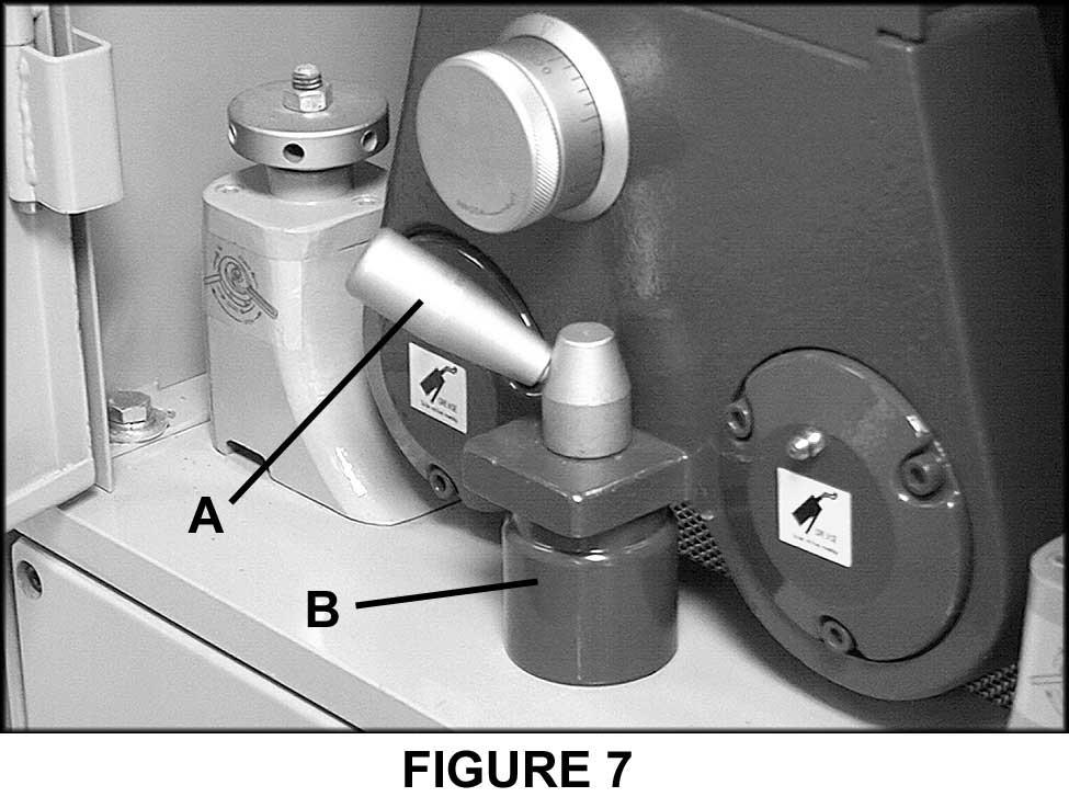 7) and slide out the platen block (B, Fig. 7). 2. Notice the arrow on the inside of the belt.