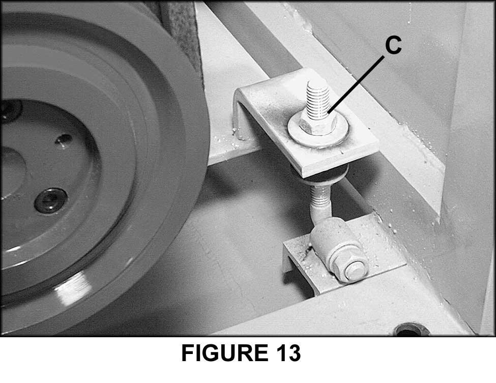 BELT TENSION To tension the drive belts, remove the right side panel and raise or lower the motor using the hex nuts on the tension screw (C, Fig. 13).