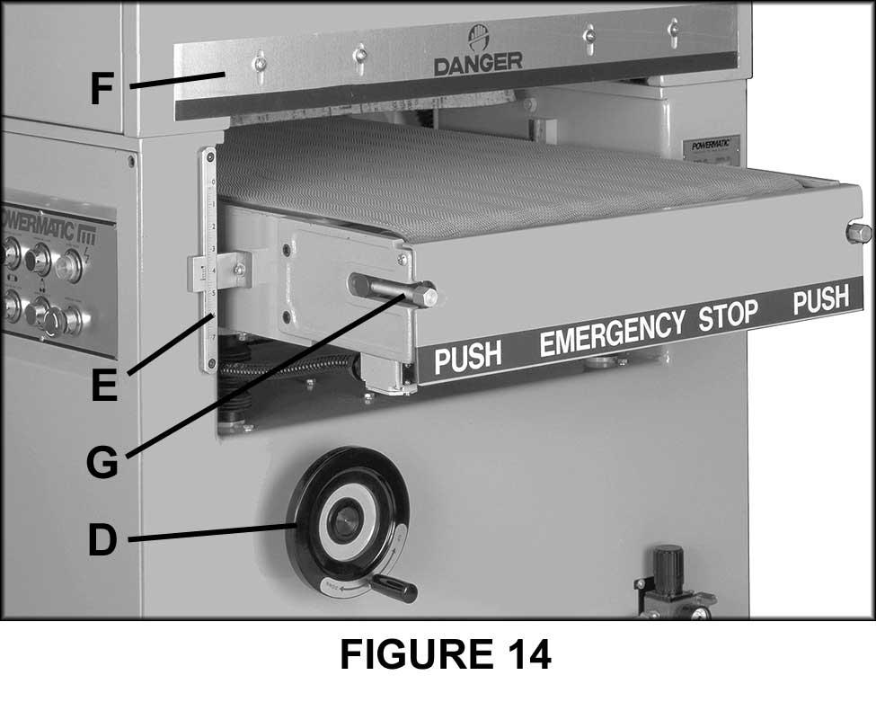 14) is located on the left side of the table. The safety guard (F, Fig. 14) mounted on the front should be adjusted to within 1/4 from the top of the workpiece.