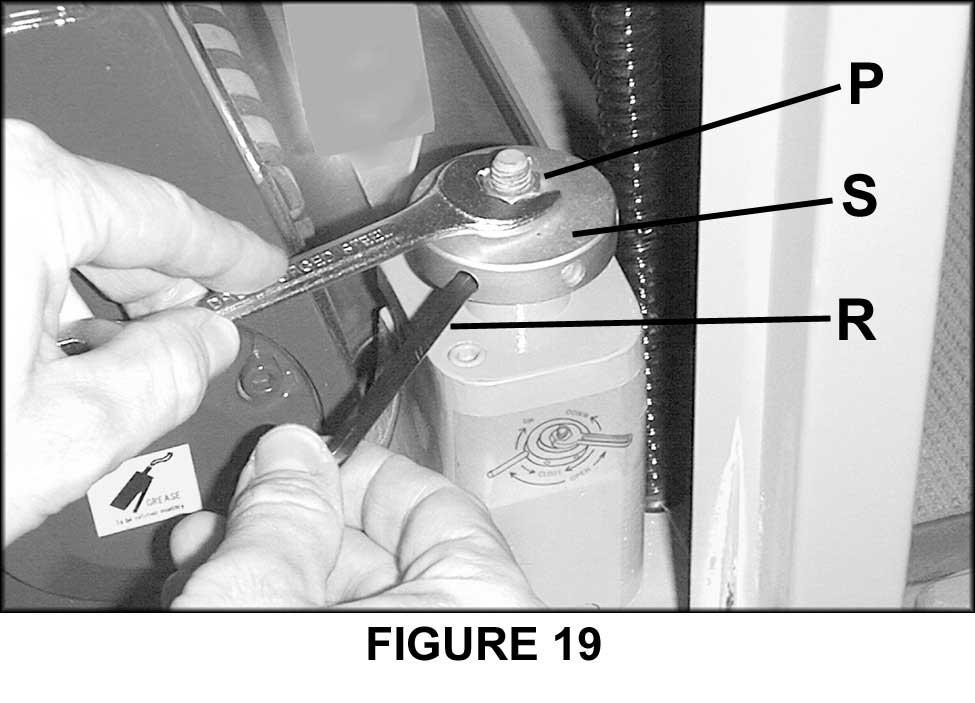 1. Release the locking nut (P, Fig. 19) with a wrench. 2. Insert a hex wrench (R, Fig. 19) or similar object into a hole in the adjusting knob (S, Fig. 19). With the hex wrench, turn the knob clockwise to raise the pressure bar.