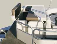 deck reduces outboard noise m Round table (stowable) m Built-in 26 gallon fuel tank with gauge m Large bow benches with armrests and cup holders m Rear entry with sturdy boarding ladder m Docking