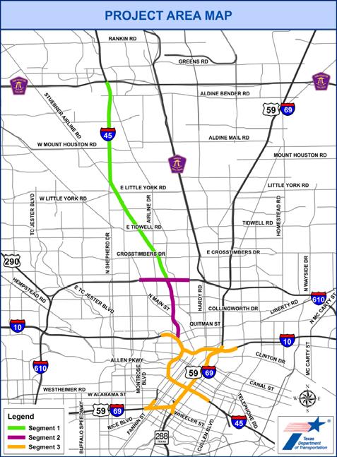 I-45 - North Houston Highway Project In Development EIS for I45 North and Central Business District IH 45 (N) from US 59 to BW 8 North Hardy Toll Road Corridor from downtown to BW 8 North Portions of