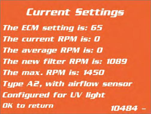 Motor Output Signal Testing Use the Service Menu s Current Settings screen to access the Motor Speed Factor, Motor RPM, average RPM, and new filter RPM.