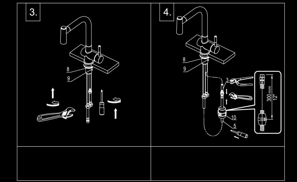 Slide the washer (6), metal gasket (7), and mounting nut (8) over the hoses and up onto the main body. Replace the mounting screws (9) into the mounting nut (8).