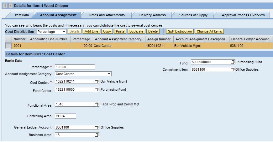 Requisitioning: Create Shopping Cart Account Assignment tab Select the Account Assignment tab to enter the cost assignment which typically includes the fund and