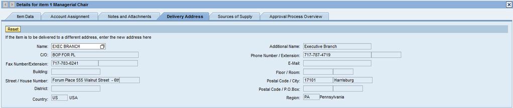 Requisitioning: Create Shopping Cart Delivery Address tab Review the Delivery Address, and if applicable, the delivery