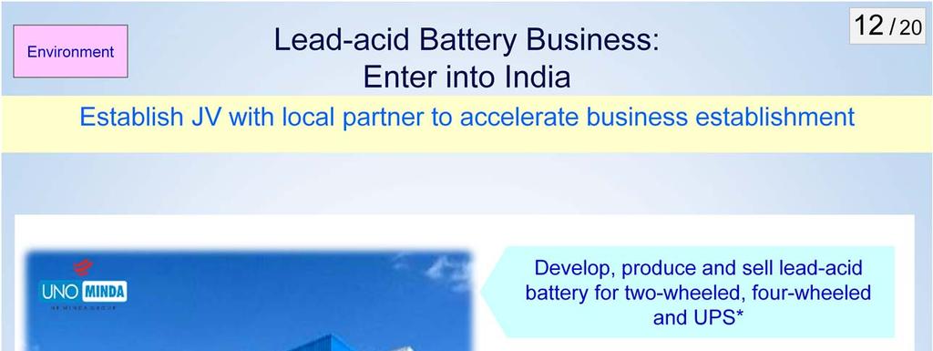 As our another strategy in environment, we accelerate lead-acid battery business.