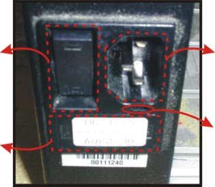 C. Power Entry Fuses Located on the back right gantry leg (#). Entry Module Power Entry Module E-stop Button 3 Inside 4 Inside On/Off Switch Fuse Tray Power Plug Conn.