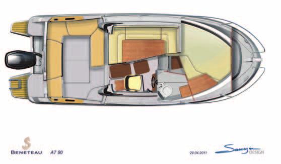 6 7 Sliding panel for effective wheelhouse ventilation. Monobloc windscreen for better visibility. Extended bathing platform. Interior 6 7 -seater U-shaped saloon Convertible to a double berth ( m x.