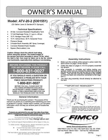 Contents of your sprayer s carton (ATV-20-2): Owner s
