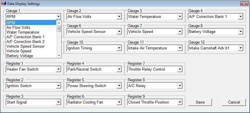 Parameters are assigned to gauges in the Data Display Settings window (ECM->Data Display Settings). 4.