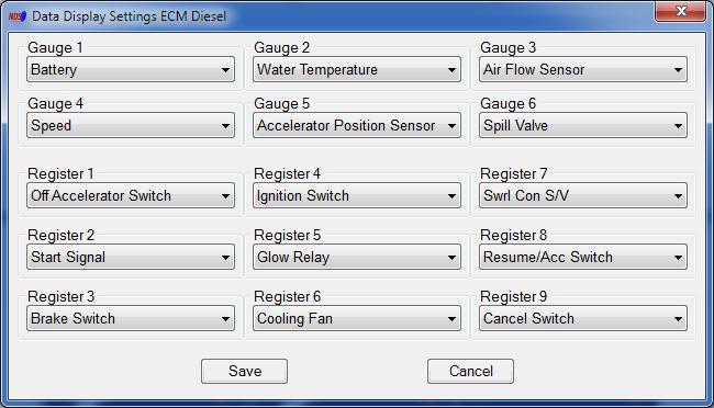 Parameters are assigned to gauges in the Data Display Settings window (ECMD->Data Display Settings). 9.