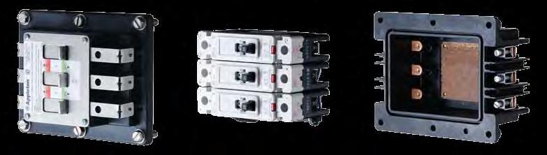 Each breaker housing accommodates: three 1-pole, or one 1-pole and one 2-pole, or one 3-pole circuit breaker for greater application flexibility. F-Frame breakers are shown.