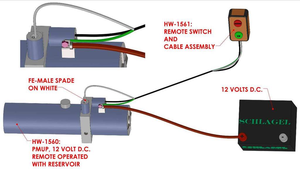When the down button is depressed, a solenoid opens the valve (motor stays off) and the pressure is released from the cylinders. A wiring diagram for installation and repairs is found below.