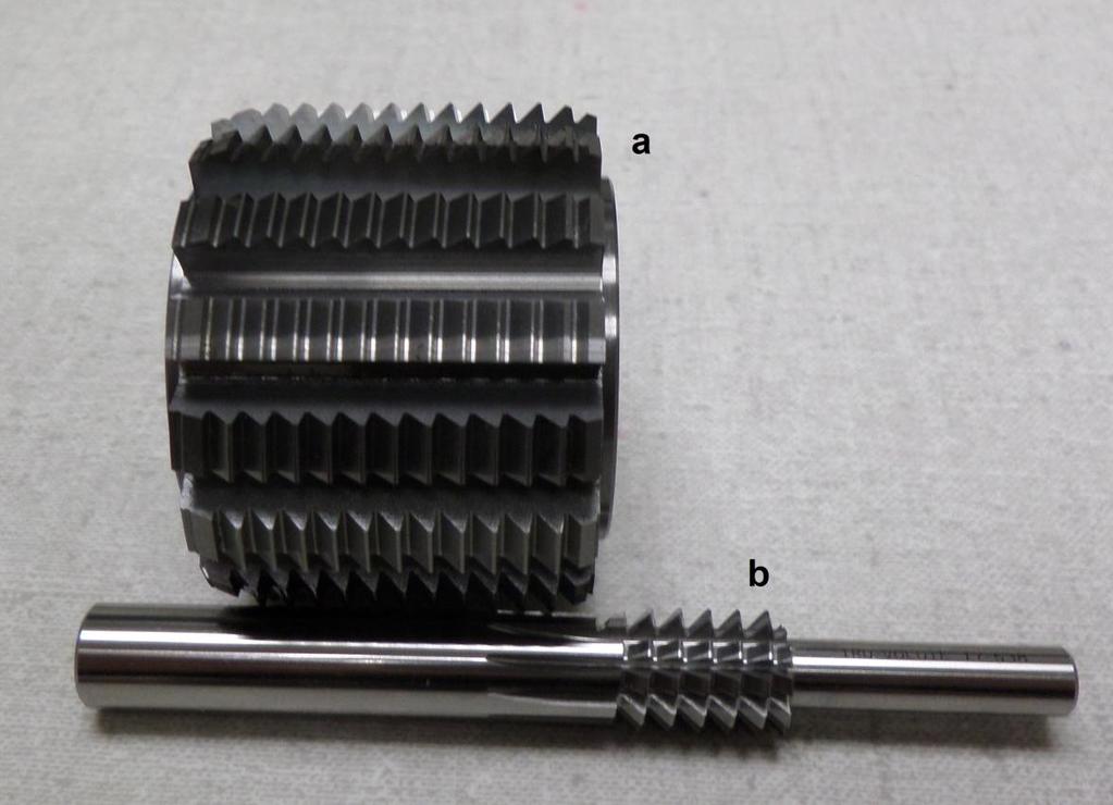 Fig. 8 Asymmetric tooth hobs: a for helical pinion, b for spiral gear POTENTIAL APPLICATIONS Spiral face couplings have greater load capacity and utilize cost effective hobbing fabrication methods in