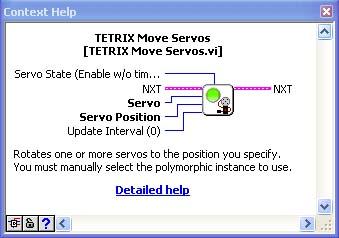 The context help for the TETRIX Move Servos VI show that there are two required inputs: servo and servo position.