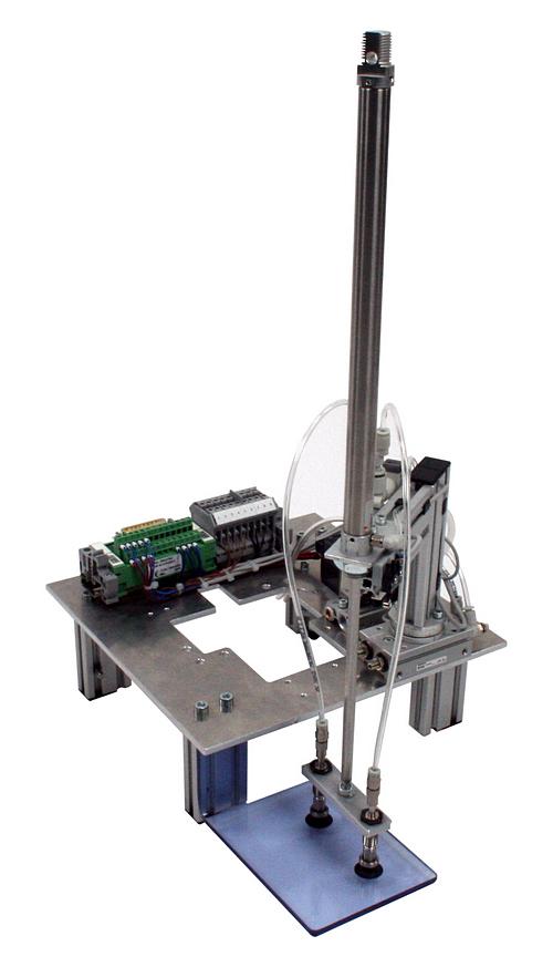 3 Handling station LM9683 1 Automated handling station with a vertical lifting cylinder at the end of a pneumatic jib that can be used in conjunction with conveyor belt segments to sort workpieces