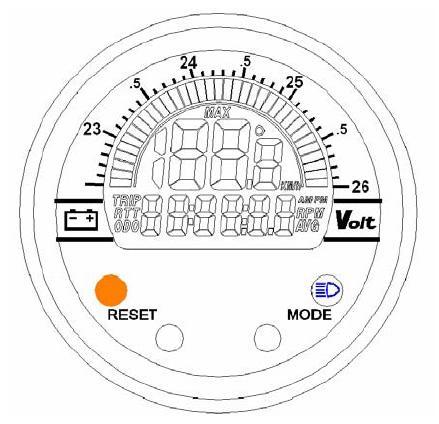 THE VOLTAGE METER PANEL DESCRIPTION 1. Bar Voltage Scale 2. Bar Voltage 3. Voltage & Max. Voltage Display 4. Time & Other function Display 5. Fault Indicator 6. Head Beam Indicator 7. MODE Button 8.