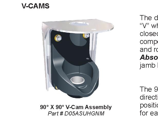 V-CAMS The design of the V-Cam provides a path for the roller bearing and a V which holds the roller bearing and door stationary while in the closed position.
