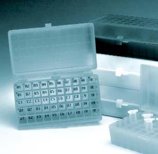 2 ml Made from polypropylene, with hinged lid and pressure latch close. Alphanumeric identification positions. Height with lid 30 mm. Width 90 mm.