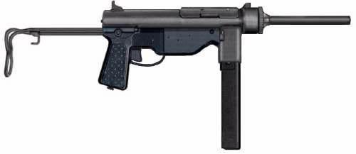 It had a slower rate of fire and reduced ammunition capacities and a horizontal fore grip in place of the pistol type. Weapon: M3 Grease Gun SMG.