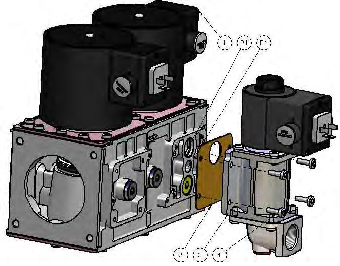 Remove plug P1 3: Put gasket 2 in place. Mounting holes in gasket match hole pattern on valve body. 4: Put valve in place.