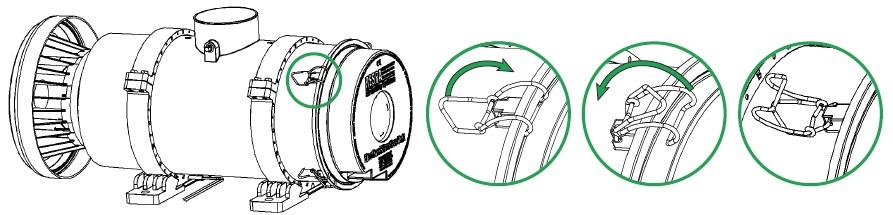 Filter Removal/Reinstallation: 1. Turn off XLR system. 2. Release the 4 filter latches that retain the filter element, as shown below, noting the orientation of the ejection ports. 3.
