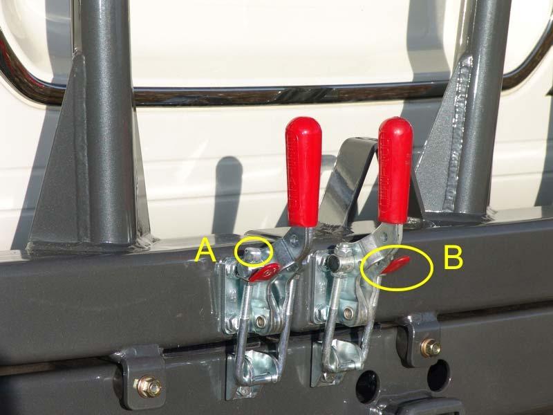 Release the lock nut and then tighten the top nut (A in the bottom picture on the right) Hint :- The little red tab as show in B on the picture below can be used to position the U